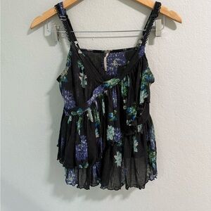 Free People Black Floral Peplum Cami Top Size M